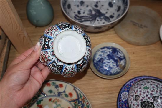 Two Persian Chinese enamel bowls and saucer, a blue and white vase, another plate and a dish